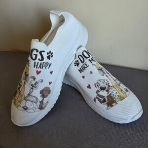 NWOT 38/8 Super Cute Dogs Make Me Happy Slip On Shoes Breathable Fabric Low Top